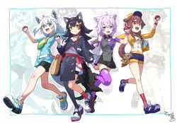 4girls :d animal_ear_fluff animal_ears animalization arm_at_side asymmetrical_legwear bag bare_shoulders baseball_cap bike_shorts black_dress black_jacket black_shoes black_shorts black_skirt blue_bag blue_border blue_eyes blue_shirt blue_shoes bone_hair_ornament border braid brown_bag cat_ears cat_girl cat_tail choker closed_mouth clothing_cutout collarbone commentary_request cropped_jacket dog_ears dog_girl dog_tail dress fox_ears fox_girl fox_tail full_body grey_dress hair_ornament hairband hairclip half-skirt hand_up hat highres holding holding_poke_ball hololive hololive_gamers hood hooded_jacket inugami_korone inugami_korone_(dog) jacket long_hair low_twin_braids medium_hair multicolored_dress multicolored_hair multiple_girls nintendo open_mouth orange_eyes outside_border poke_ball pokemon purple_choker purple_dress purple_hair purple_thighhighs red_choker red_hair red_hairband red_sash red_socks sash shirt shoes shorts shoulder_bag shoulder_cutout side_braid sidelocks signature single_thighhigh skirt smile socks streaked_hair tail thighhighs tokumaro tongue tongue_out twin_braids two-tone_hat virtual_youtuber walking white_background white_dress white_hat white_shirt wolf_ears wolf_girl wolf_tail wristband yellow_hat yellow_jacket zoom_layer