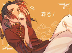 1boy akane0000719 arm_up artist_name axis_powers_hetalia black_hair changpao china_(hetalia) chinese_clothes cloud_background crossed_legs eating fingernails floating_hair food gold_trim hand_up highres holding holding_food long_hair long_sleeves looking_at_viewer low_ponytail male_focus mandarin_collar orange_background pants ponytail red_shirt shirt sidelocks sitting solo sparkle steamed_bun v-shaped_eyebrows white_pants wide_sleeves yellow_eyes
