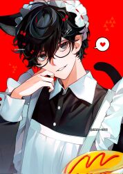 1boy alternate_costume amamiya_ren animal_ears apron black-framed_eyewear black_dress black_hair collared_dress commentary corrupted_twitter_file crossdressing dress enmaided food frilled_apron frills glasses grey_eyes grin hair_ornament hairclip heart highres long_sleeves maid maid_headdress male_focus omelet omurice persona persona_5 pianjian red_background simple_background smile spoken_heart symbol-only_commentary tail twitter_username upper_body