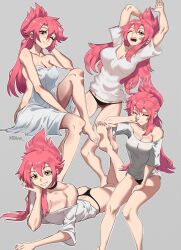 1girl 604yue black_panties blanket breasts cleavage commentary commission curtained_hair double-parted_bangs eiyuu_densetsu english_commentary grey_background hair_between_eyes hair_bun highres large_breasts long_hair looking_at_viewer panties parted_bangs pink_hair sara_valestein sen_no_kiseki_(series) shirt simple_background smile solo underwear vgen_commission yellow_eyes