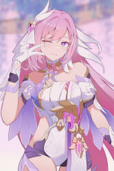 Rule 34 | 1girl, absurdres, blurry, blurry background, bright pupils, commentary request, cowboy shot, diamond-shaped pupils, diamond (shape), elysia (herrscher of human: ego) (honkai impact), elysia (honkai impact), gloves, hair ornament, highres, honkai (series), honkai impact 3rd, hui yu yu yu ye, leotard, long hair, looking at viewer, one eye closed, pink hair, purple eyes, purple shorts, short shorts, shorts, solo, symbol-shaped pupils, triquetra, v, veil, white gloves, white leotard, white pupils, white veil