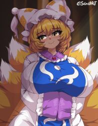 1girl animal_ears blonde_hair blush breasts brooch curvy eyebrows_hidden_by_hair eyelashes fox_ears fox_tail frilled_sleeves frills hands_in_opposite_sleeves hat highres huge_breasts jewelry kitsune kyuubi looking_to_the_side mob_cap multiple_tails ofuda seireiart short_hair shy smile standing tabard tail touhou wide_hips yakumo_ran yellow_eyes