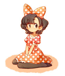 1girl black_pantyhose blush bow brown_eyes commentary_request disney dress hair_bow humanization kiri_futoshi mickey_mouse_&amp;_friends minnie_mouse pantyhose petticoat polka_dot polka_dot_dress puffy_short_sleeves puffy_sleeves short_hair short_sleeves sideways_glance sitting solo v_arms wariza white_background