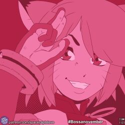 Rule 34 | 1girl, 2023, animal ears, arm up, artist name, blade kitten, bob cut, cat ears, cat girl, commentary, cropped torso, dark-skinned female, dark skin, dated, dot nose, english commentary, female focus, fingerless gloves, gloves, grin, kit ballard, looking at viewer, monochrome, official art, pink theme, polka dot, polka dot background, salute, short hair, smile, solo, spacecaptsteve, sweater, swept bangs, turtleneck, turtleneck sweater, two-finger salute, upper body, whiskers