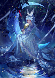 1girl absurdres animal_ears blue_hair blue_hanfu blunt_bangs character_request chinese_clothes circlet closed_mouth confeitoo eyelashes eyeshadow falling_petals floral_print flower forest frilled_sleeves frills full_body hair_ornament hand_fan hanfu happy highres holding holding_fan light_particles light_rays long_hair long_sleeves looking_ahead makeup moonlight nail_polish nature night nikki_(series) on_crescent outdoors parted_bangs petals pink_eyeshadow pom_pom_(clothes) pom_pom_hair_ornament rabbit_ears red_nails ripples shining_nikki sitting smile soaking_feet solo tassel tuanshan very_long_hair wide_sleeves yellow_flower