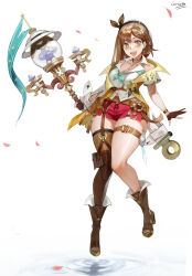 1girl absurdres atelier_(series) atelier_ryza atelier_ryza_2 bare_shoulders belt belt_buckle beret blush boots braid breasts brown_gloves brown_hair buckle carcass_(artist) cleavage collarbone commentary_request curvy ear_piercing earrings fingerless_gloves floating full_body gloves hair_between_eyes hat highres jewelry key key_necklace korean_commentary large_breasts leather leather_belt leather_gloves necklace open_mouth partially_fingerless_gloves petals piercing plump pouch red_shorts reisalin_stout revision ribbon ripples short_shorts shorts signature simple_background single_sidelock smile solo thick_thighs thigh_strap thighs water white_background