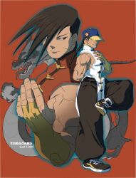 Rule 34 | 2boys, arm behind back, arm up, artist name, baggy pants, bare shoulders, baseball cap, beckoning, black pants, braid, bridal gauntlets, brothers, brown eyes, brown hair, character name, chinese clothes, closed mouth, commentary, covered eyes, cropped torso, dated, dragon, eastern dragon, full body, gloves, hand on own chest, hat, long bangs, long braid, long hair, looking to the side, male focus, mandarin collar, multicolored footwear, multicolored hat, multiple boys, muscular, muscular male, osanpogakari, pants, red background, shoelaces, shoes, siblings, sideways glance, simple background, single braid, sleeveless, smile, sneakers, spiked hair, standing, standing on one leg, street fighter, street fighter iii (series), twins, yang lee, yellow bridal gauntlets, yellow gloves, yun lee