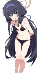 1girl arms_behind_back bare_shoulders bikini black_bikini black_hair blue_archive blue_eyes blue_hairband blush breasts brown_halo collarbone commentary_request eniraka feet_out_of_frame hair_between_eyes hair_over_shoulder hairband halo highres jewelry leaning_forward long_hair looking_at_viewer low_twintails navel necklace o-ring o-ring_bikini o-ring_top official_alternate_costume open_mouth sidelocks simple_background small_breasts solo standing sweatdrop swimsuit twintails ui_(blue_archive) ui_(swimsuit)_(blue_archive) very_long_hair white_background