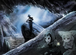 10s 1boy 2girls :3 animal_ears bow bowtie cave chromatic_aberration closed_mouth common_raccoon_(kemono_friends) crossed_arms crossover fang fennec_(kemono_friends) fox_ears gloves glowing glowing_eyes gollum hiding holding holding_jewelry holding_ring jewelry kemono_friends tolkien&#039;s_legendarium looking_at_viewer multiple_girls open_mouth puffy_short_sleeves puffy_sleeves raccoon_ears ring short_sleeves skirt squatting sweatdrop sweater the_hobbit the_lord_of_the_rings the_one_ring thighhighs ueyama_michirou water