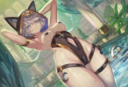 1girl :3 absurdres adapted_costume animal_ears animal_hood armpits arms_behind_head bathhouse belt black_one-piece_swimsuit blue_eyes breasts cat_ears cat_hood cipher_(honkai:_star_rail) clothing_cutout commentary commission english_commentary grey_hair heart heart-shaped_pupils heart_pasties highres honkai:_star_rail honkai_(series) hood large_breasts navel navel_cutout one-piece_swimsuit pasties presenting_armpit short_hair solo stone_pillar swimsuit symbol-shaped_pupils thigh_belt thigh_strap thighs trustyskittles