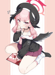 1girl beret bikini black_wings blue_archive blush closed_mouth commentary feathered_wings flying_sweatdrops full_body halo hand_on_own_face hat head_wings highres jacket kneehighs koharu_(blue_archive) loli long_hair long_sleeves looking_at_viewer loose_socks low_wings magazine_(object) melozr neckerchief pink_eyes pink_hair pink_halo pink_neckerchief pleated_skirt pornography print_bikini sailor_collar school_uniform serafuku shirt shoes sitting skirt socks solo swimsuit twintails two-tone_background wariza white_sailor_collar winged_halo winged_hat wings