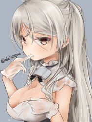 1girl akino_shuu artist_name biting biting_glove breasts brown_eyes cleavage commentary_request conte_di_cavour_(kancolle) dress gloves grey_background grey_hair kantai_collection large_breasts long_hair signature simple_background solo twitter_username upper_body very_long_hair white_dress white_gloves