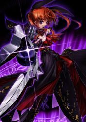 Rule 34 | 00s, 1girl, alternate costume, alternate weapon, bow, brown hair, dark persona, female focus, long hair, lyrical nanoha, magic circle, magical girl, mahou shoujo lyrical nanoha, purple eyes, raising heart, raising heart (buster mode), red bow, red hair, solo, staff, takamachi nanoha, tom (1art.), twintails, weapon, white devil
