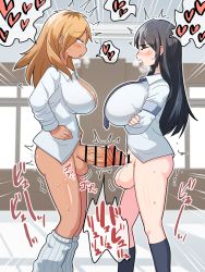 Rule 34 | 2futa, bar censor, black hair, bottomless, breasts, censored, cleavage, cum, cum in urethra, cum inflation, dakkoku jiro, ear piercing, ejaculating while penetrated, ejaculation, full-package futanari, futa with futa, futanari, heavy breathing, huge breasts, huge testicles, inflation, large breasts, large penis, light brown hair, long hair, multiple futa, necktie, orgasm, penis, penis in urethra, penis size difference, penises touching, piercing, school uniform, small penis, surprised, testicle inflation, testicles, trembling, urethral bulge, urethral insertion, veins, veiny penis