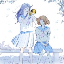 2girls 55bata6rou blue_sailor_collar book brown_hair closed_mouth feet_out_of_frame hibike!_euphonium highres holding holding_instrument holding_trumpet instrument kitauji_high_school_uniform kousaka_reina long_hair looking_at_another multiple_girls music neckerchief on_bench oumae_kumiko outdoors own_hands_together pink_neckerchief playing_instrument pleated_skirt sailor_collar school_uniform serafuku shirt short_hair short_sleeves sitting skirt standing summer_uniform tree tree_shade trumpet white_shirt wind