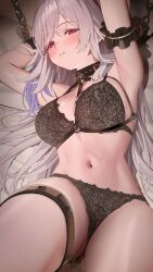 1girl absurdres arm_cuffs armpits bdsm black_bra black_panties blush bra breasts chain chest_harness collar commentary genshin_impact harness highres jumonji lace lace-trimmed_bra lace-trimmed_panties lace_trim large_breasts long_hair lying navel o-ring o-ring_harness on_back on_bed panties parted_lips restrained skirk_(genshin_impact) solo stomach underwear white_hair
