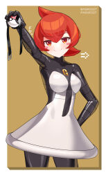 1girl absurdres ball_gag bodysuit breasts dress gag highres holding_gag impossible_bodysuit impossible_clothes latex latex_bodysuit latex_dress looking_at_viewer maguro27 mars_(pokemon) medium_breasts nintendo pokemon pokemon_dppt red_eyes red_hair skin_tight smile solo standing