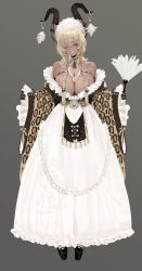 Rule 34 | 1girl, absurdres, alternate costume, animal print, azur lane, bare shoulders, black gloves, black horns, blush, braid, breasts, commentary, curled horns, dishwasher1910, dress, english commentary, full body, gloves, highres, horn ornament, horns, huge breasts, leopard print, long hair, looking at viewer, manjuu (azur lane), mole, mole under mouth, one eye closed, owari (azur lane), parted lips, simple background, smile, solo, twin braids, white background, white dress, yellow eyes