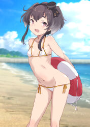 1girl beach bikini black_hair blue_sky breasts brown_eyes cloud covered_erect_nipples day feet_out_of_frame fuji_(pixiv24804665) hat hat_ribbon highres horizon kantai_collection lifebuoy lowleg lowleg_bikini mini_hat ocean open_mouth outdoors ribbon short_hair short_hair_with_long_locks side-tie_bikini_bottom sky small_breasts smile smokestack_hair_ornament solo swim_ring swimsuit tokitsukaze_(kancolle) white_bikini