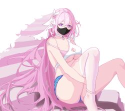 Rule 34 | 1girl, alternate costume, bare legs, blue shorts, breasts, chinese commentary, commentary request, cq33, crop top, diamond-shaped pupils, diamond (shape), elysia (herrscher of human: ego) (honkai impact), elysia (honkai impact), feet out of frame, hair ornament, highres, honkai (series), honkai impact 3rd, large breasts, looking at viewer, mask, mouth mask, purple eyes, shorts, simple background, solo, symbol-shaped pupils, underboob, white background