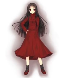 1girl alma_(f.e.a.r.) alma_wade animification black_hair black_socks brown_hair dress f.e.a.r. female_focus hand_on_own_hip hip_focus long_hair mary_janes niboss red_dress red_eyes shoes socks solo