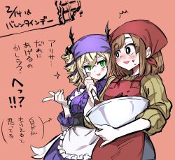 2girls blonde_hair brown_eyes brown_hair brown_sweater check_translation chocolate chocolate_on_face cowboy_shot digimon digimon_card_game digimon_liberator dress drill_hair food food_on_face green_eyes highres kinosaki_arisa long_hair medium_hair multicolored_hair multiple_girls partially_translated purple_dress purple_hair shining_neko sweater tongue tongue_out translation_request twin_drills two-tone_hair valentine violet_inboots