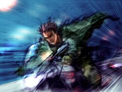 Rule 34 | 1boy, game cg, grin, hwoarang (tekken), jacket, kawano takuji, male focus, military jacket, motion lines, motor vehicle, motorcycle, official art, on motorcycle, orange hair, parted lips, shirt, short hair, smile, solo, speed lines, teeth, tekken, tekken 4, v-shaped eyebrows