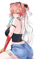 1girl alternate_costume armpit_crease ass bare_shoulders black_bow black_shirt blush bow breasts bright_pupils changli_(wuthering_waves) colored_extremities crop_top denim denim_shorts eyewear_on_head food from_behind hair_between_eyes hair_bow hair_extensions hair_ornament highres holding holding_food holding_popsicle large_breasts light_blush long_hair looking_at_viewer median_furrow multicolored_hair open_mouth pink_hair ponytail popsicle red_hands ring_hair_extensions shirt shorts shoulder_blades sidelocks simple_background smile solo sunglasses thigh_strap twitter_username two-tone_hair uriuritei very_long_hair white_background white_bow white_hair white_pupils wuthering_waves yellow_eyes