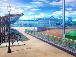 artist_request baseball_field bicycle bicycle_rack blue_sky cloud day game_cg lamppost magia_record:_mahou_shoujo_madoka_magica_gaiden mahou_shoujo_madoka_magica no_humans official_art outdoors railing scenery school shade sky tree