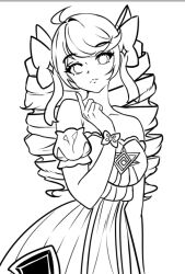 1girl ahoge bare_shoulders boro_(gmg_kekw) bow breasts collarbone cowboy_shot detached_sleeves dress drill_hair frown greyscale gwen_(league_of_legends) hair_bow hand_up large_breasts league_of_legends monochrome solo twin_drills twintails