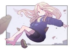 1girl barefoot bike_shorts black_eyes blonde_hair blue_coat blurry blurry_background blurry_foreground border child closed_mouth coat diana_(pragmata) expressionless full_body highres long_hair long_sleeves looking_to_the_side orenjipiiru pragmata solo