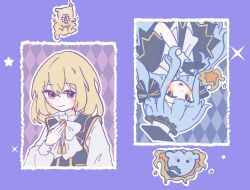 Rule 34 | &gt; &lt;, 2girls, :d, animalization, argyle background, arm at side, bang dream!, bang dream! it&#039;s mygo!!!!!, black bow, black capelet, black gloves, black hat, black vest, blonde hair, blue background, blush stickers, border, bow, bowtie, capelet, center-flap bangs, chibi, chibi inset, closed mouth, commentary, crossed bangs, fire, frilled shirt collar, frills, gloves, haaaa74112760, hachibousei dance (bang dream!), hair bow, hand on own chest, hand up, hanging, hashtag-only commentary, hat, highres, lapels, long hair, long sidelocks, long sleeves, looking at another, looking to the side, medium hair, misumi uika, mortarboard, motion lines, multiple girls, octopus, official alternate costume, open mouth, outline, puffy long sleeves, puffy sleeves, purple background, purple hair, red background, shirt, sidelocks, sideways glance, smile, star (symbol), symbol-only commentary, togawa sakiko, upper body, upside-down, vest, white border, white bow, white bowtie, white capelet, white outline, white shirt, white sleeve cuffs, yellow brooch, yellow dog, yellow trim