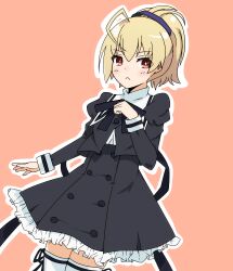 Rule 34 | 1girl, :&lt;, absurdres, ahoge, ando tazusa, arm at side, assault lily, black ribbon, black skirt, blonde hair, blush, bright pupils, buttons, closed mouth, commentary request, cowboy shot, cropped jacket, frilled skirt, frills, hair between eyes, hair ribbon, hand up, high-waist skirt, high ponytail, highres, juliet sleeves, leg ribbon, long sleeves, looking at viewer, miniskirt, neck ribbon, orange background, outline, ponytail, puffy sleeves, purple ribbon, red eyes, ribbon, school uniform, shirt, short hair, simple background, skirt, solo, standing, thigh ribbon, thighhighs, two-tone ribbon, v-shaped eyebrows, white outline, white pupils, white shirt, yurigaoka girls academy school uniform, yuzuki suzuha, zettai ryouiki