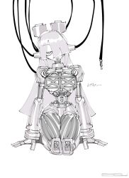 Rule 34 | 1girl, android, blunt bangs, blunt ends, cable, dgx 9a, exposed muscle, expressionless, greyscale, hair over one eye, half-closed eyes, highres, hime cut, kneeling, layer (mega man), long hair, looking at viewer, mechabare, mega man (series), mega man x8, mega man x (series), monochrome, robot ears, solo