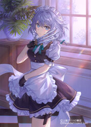 1girl apron arm_belt between_fingers black_dress black_gloves blue_eyes bow braid breasts closed_mouth commentary_request copyright_notice dress gloves green_bow grey_hair hair_bow highres holding holding_knife holster indoors izayoi_sakuya knife knives_between_fingers large_breasts lazuri7 long_hair looking_at_viewer maid maid_headdress short_sleeves solo thigh_holster thigh_strap touhou twin_braids vase waist_apron white_apron window