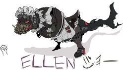 1other absurdres alternate_costume animal clothed_animal cosplay deviljho dress ellen_joe ellen_joe_(cosplay) enmaided highres hinata_(sangeki0822) maid maid_headdress monster_hunter_(series) name_connection nervous_sweating pantyhose partially_shaded_face standing sweat wide-eyed zenless_zone_zero