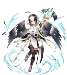 1girl artist_request bad_source bare_shoulders black_hair black_wings breasts cleavage detached_sleeves falling_feathers feathered_wings feathers full_body game_cg gitalis_(sennen_sensou_aigis) headband holding holding_staff multicolored_hair official_art sennen_sensou_aigis solo staff third-party_source transparent_background two-tone_hair white_hair wings