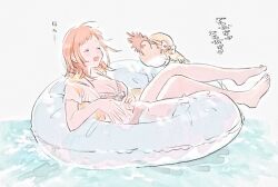 1girl bare_legs barefoot bikini blush breasts cleavage closed_eyes copyright_request hat innertube medium_breasts medium_hair open_mouth orange_hair solo straw_hat swim_ring swimsuit ueno_zousui