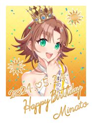 1girl 2024 absurdres artist_request bare_shoulders border brown_hair confetti crown dress finger_gun finger_to_own_chin green_eyes happy_birthday highres minamizaki_minato off-shoulder_dress off_shoulder official_art open_mouth orange_background outside_border shine_post solo sun_symbol tasuki teeth upper_body upper_teeth_only white_border white_dress