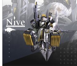 1girl black_boots boots character_name coat double-parted_bangs english_text full_body ge_dro_da18 gun hair_between_eyes high_collar highres holding holding_gun holding_weapon looking_at_viewer medium_hair original science_fiction solo visor_(armor) weapon weapon_request white_boots white_coat white_hair yellow_eyes zoom_layer