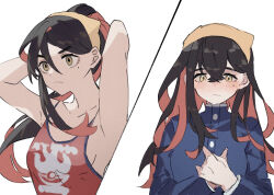 1girl :&lt; alternate_costume alternate_hairstyle armpits arms_behind_head arms_up black_hair blue_jacket blueberry_academy_school_uniform blush carmine_(pokemon) closed_mouth colored_inner_hair dafenpipixia eyelashes hairband highres jacket league_club_uniform long_hair long_sleeves mole mole_under_eye multicolored_hair nintendo own_hands_together pokemon pokemon_(creature) pokemon_sv ponytail red_hair red_shirt red_tank_top school_uniform shirt simple_background sleeveless sleeveless_shirt tank_top two-tone_hair upper_body v-shaped_eyebrows white_background yellow_eyes yellow_hairband
