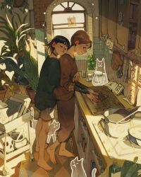 2girls alt_text arm_tattoo barefoot black_choker black_hair black_nails book brown_hair brown_pants brown_sweater cat choker closed_eyes closed_mouth commentary cooking_pot cupboard ear_piercing english_commentary ghost green_skirt grey_shorts highres hug hug_from_behind indoors jar kitchen multiple_girls open_book original ouija oven_mitts pants piercing plant potted_plant short_hair shorts simz skirt skull slice_of_life smile spoon stove string_lights sweater tattoo window yuri