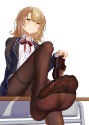 1girl absurdres blush cameltoe desk feet highres isshiki_iroha loafers long_hair looking_at_viewer panties panties_under_pantyhose pantyhose pantyshot school_desk shoes single_shoe smile soles taqielang toes underwear unworn_shoes yahari_ore_no_seishun_lovecome_wa_machigatteiru. yellow_eyes