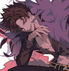 &gt;:) 1boy abs belial_(granblue_fantasy) belt bishounen black_jacket brown_hair evil_smile feather_boa granblue_fantasy grin hand_on_own_face jacket korean_commentary leaning_forward male_focus messy_hair open_clothes open_jacket parted_bangs pectorals popped_collar red_eyes short_hair signature sitting smile solo_focus spiked_hair v-shaped_eyebrows wago white_background