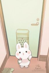 absurdres arm_up ayu_(mog) door flower highres holding holding_flower indoors looking_at_viewer looking_up open_mouth original rabbit shoes solo standing unworn_shoes