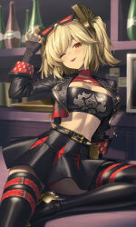 1girl ;p absurdres bacon_quiche bar_(place) belt black_belt black_jacket black_skirt black_thighhighs blonde_hair bottle breasts burnice_white crop_top cropped_jacket eyewear_on_head hair_ornament highres jacket large_breasts leather leather_jacket looking_at_viewer midriff navel one_eye_closed red_eyes sitting skirt solo spiked_belt sunglasses thighhighs tongue tongue_out two_side_up zenless_zone_zero zettai_ryouiki
