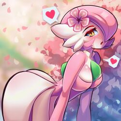1girl alternate_color alternate_shiny_pokemon arched_back artist_name blush bob_cut breasts cherry_blossoms colored_skin eyeshadow falling_petals female_focus flower from_side gardevoir gen_3_pokemon hair_flower hair_ornament hair_over_one_eye half-closed_eyes hanshyn heart leaning_forward looking_at_viewer makeup medium_breasts multicolored_skin nintendo one_eye_covered open_mouth petals pink_eyeshadow pink_flower pink_hair pink_skin pink_theme pokemon pokemon_(creature) shiny_skin short_hair signature solo speech_bubble spoken_heart standing tongue two-tone_skin white_skin yellow_eyes