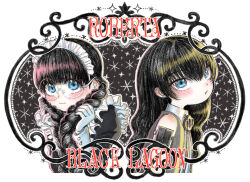 1girl age_comparison benny_(black_lagoon) black_hair black_lagoon blue_eyes blush braid commentary_request dress glasses gloves long_hair maid maid_headdress montaro482436 roberta_(black_lagoon) round_eyewear twin_braids upper_body