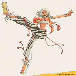 1girl animal_print armlet aruzaum bandeau breasts cleavage dark-skinned_female dark_skin earrings elena_(street_fighter) hoop_earrings jewelry jumping leg_up long_arms long_legs looking_at_viewer multiple_rings open_mouth pants ring sandals scarf smile solo street_fighter street_fighter_6 teeth underboob upper_teeth_only white_bandeau white_pants zebra_print