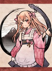 1girl alternate_costume apron black_hakama bow brown_eyes commentary_request cowboy_shot eel frilled_apron frills hair_bow hakama hakama_skirt japanese_clothes johnston_(kancolle) johnston_(wa_waitress)_(kancolle) kantai_collection kimono light_brown_hair long_hair looking_at_viewer maid mount_fuji pink_bow pink_kimono skirt two_side_up volcano wa_maid white_apron wss_(nicoseiga19993411) yagasuri
